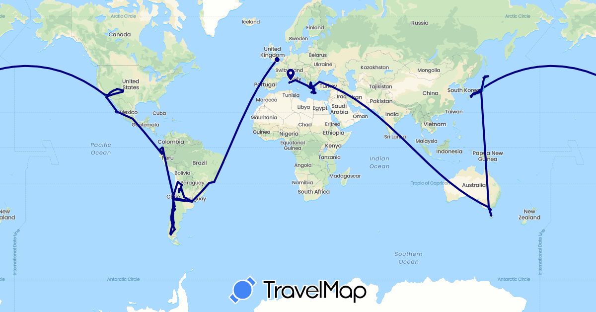 TravelMap itinerary: driving, boat in Argentina, Australia, Brazil, Chile, Ecuador, United Kingdom, Greece, Japan, Mexico, Turkey, United States (Asia, Europe, North America, Oceania, South America)